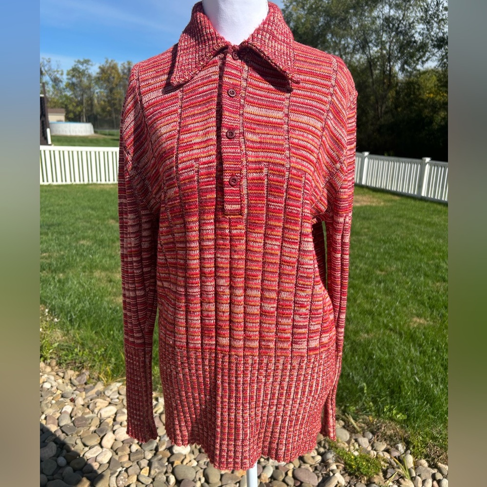 Vintage 70s Knit Red Rust Gold Space Dye Big Collar Henley Button Sweater Top S